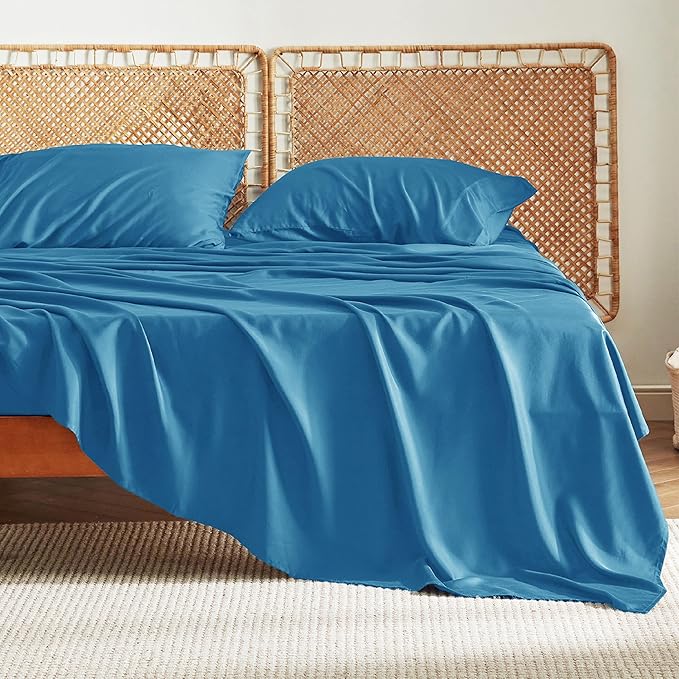 Bedsure King Size Sheet Set, Cooling Sheets King, Rayon Derived from Bamboo, Deep Pocket Up to 16", Breathable & Soft Bed Sheets, Hotel Luxury Silky Bedding Sheets & Pillowcases, Bluejay - LeafyLoom