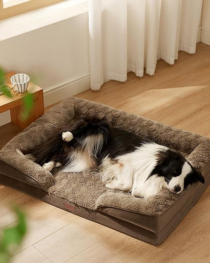 Bedsure Orthopedic Dog Bed for Large Dogs - Calming Dog Sofa Beds Large with Luxurious Plush, Big Pet Couch Bed with Removable Washable Cover, Waterproof Lining and Nonskid Bottom, Brown BEDSURE