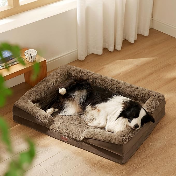 Bedsure Orthopedic Dog Bed for Large Dogs - Calming Dog Sofa Beds Large with Luxurious Plush, Big Pet Couch Bed with Removable Washable Cover, Waterproof Lining and Nonskid Bottom, Brown BEDSURE