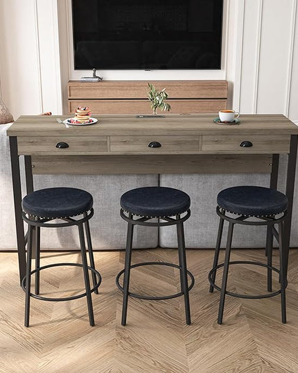 NicBex Modern Dining Table Counter Height Dining Table Set 3-Drawer Long Dining Table Set, Bar Kitchen Table Set with Circular Pu Stools for Dining Room, Easy Assemble, Brown Gray Table+Black Stool - LeafyLoom