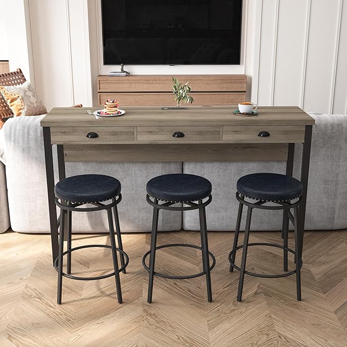NicBex Modern Dining Table Counter Height Dining Table Set 3-Drawer Long Dining Table Set, Bar Kitchen Table Set with Circular Pu Stools for Dining Room, Easy Assemble, Brown Gray Table+Black Stool - LeafyLoom