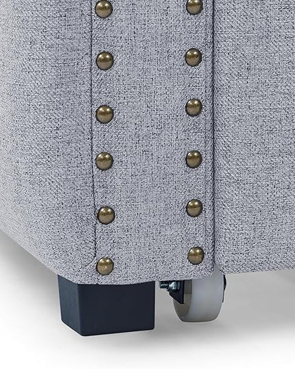 Linen Upholstered Twin Size Daybed with Twin Trundle, Wooden Sofa Bed Frame w/Button Tufted and Copper Nail on Square Arms, for Bedroom, Guest Room, No Spring Box Need, Grey - LeafyLoom