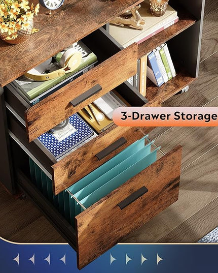 DEVAISE 3-Drawer Wood File Cabinet, Mobile Lateral Filing Cabinet, Printer Stand with Open Storage Shelves for Home Office, Rustic Brown - LeafyLoom