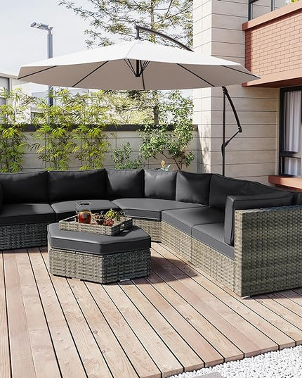 Patio 7-Piece Set, Half-Moon Curved Sectional Sofa Outdoor Rattan Furniture with Ottoman and No-Slip Cushions for Balcony, Porch, Garden, Zc-Grey - LeafyLoom