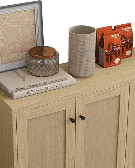 Panana Sideboard Accent Storage Cabinet with Rattan Decorated 4 Doors Dining Room Freestanding Kitchen Buffet Table Cupboard (Natural) - LeafyLoom