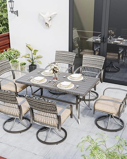 Pamapic 7 Piece Patio Dining Set for 6,Wicker Outdoor Furniture Set for Backyard Garden Deck Poolside with Iron Slats Table Top,6 Cushions Swivel Rocker Chairs,Removable Cushions(Beige) - LeafyLoom