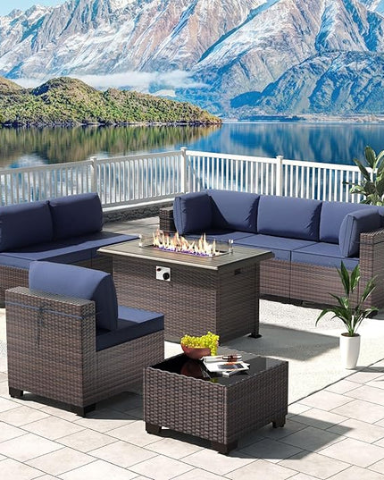 Kullavik 8 Pieces Outdoor Patio Furniture Set with 43" 55000BTU Gas Propane Fire Pit Table PE Wicker Rattan Sectional Sofa Patio Conversation Sets,Dark Blue - LeafyLoom