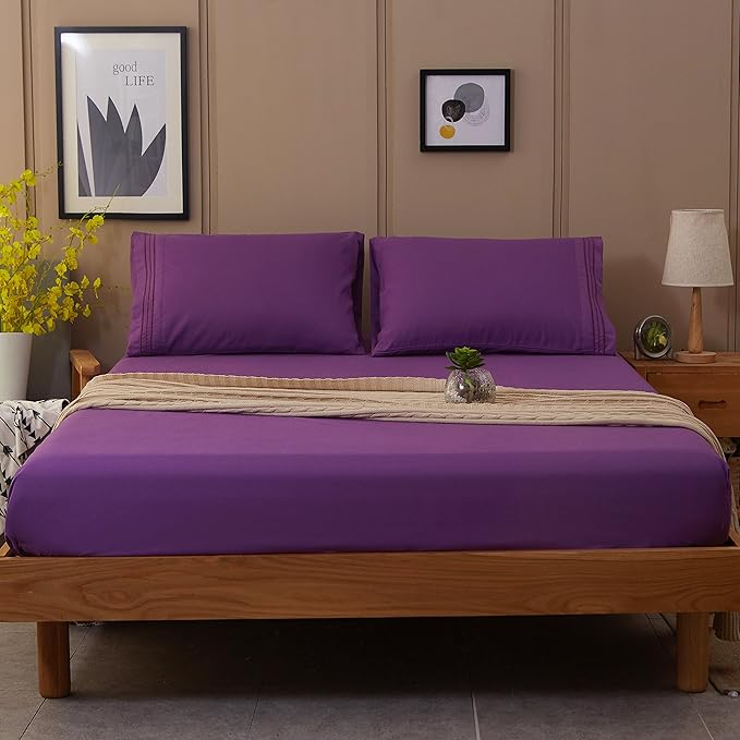 SONORO KATE Bed Sheet Set Super Soft Microfiber 1800 Thread Count Luxury Egyptian Sheets 18-Inch Deep Pocket Wrinkle-3 Piece(Twin Purple) - LeafyLoom