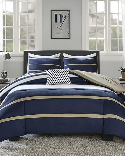 Comfort Spaces Casual Comforter Set Sporty Design, Vibrant Color, Active Lifestyle Boys Bedroom Décor, All Season Soft Microfiber Bedding Set, Decorative Pillow, Sham Blue/White Twin/Twin XL 3 Piece - LeafyLoom