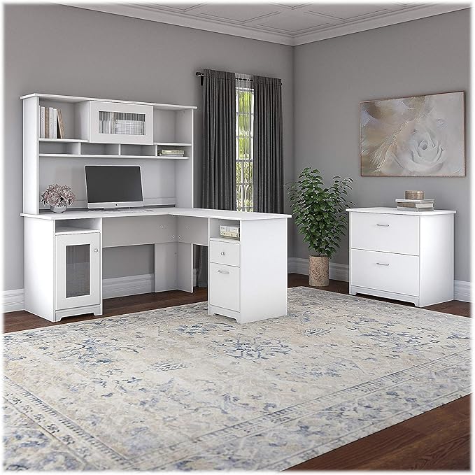 Bush Furniture Cabot L Shaped Computer Desk in White | Corner Table with Drawers and Storage for Personal Home Office Workspace - LeafyLoom