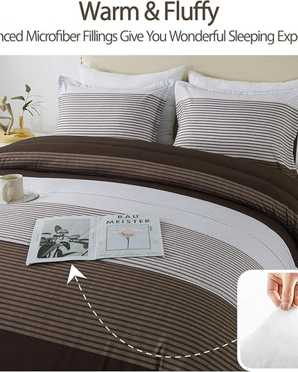 Andency Stripe Comforter Set Twin Size (66x90 Inch), 2 Pieces Brown Patchwork Striped Comforter, Soft Microfiber Down Alternative Comforter Bedding Set with Corner Loops - LeafyLoom
