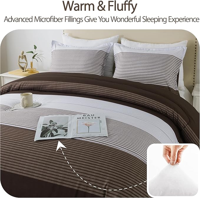Andency Stripe Comforter Set Full Size (79x90 Inch), 3 Pieces Brown Patchwork Striped Comforter, Soft Microfiber Down Alternative Comforter Bedding Set with Corner Loops - LeafyLoom