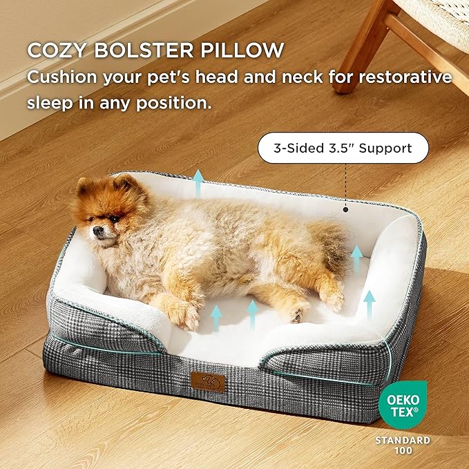 Bedsure Small Orthopedic Dog Bed - Washable Bolster Dog Sofa Beds for Small Dogs, Supportive Foam Pet Couch Bed with Removable Washable Cover, Waterproof Lining and Nonskid Bottom Couch, Black Checks BEDSURE