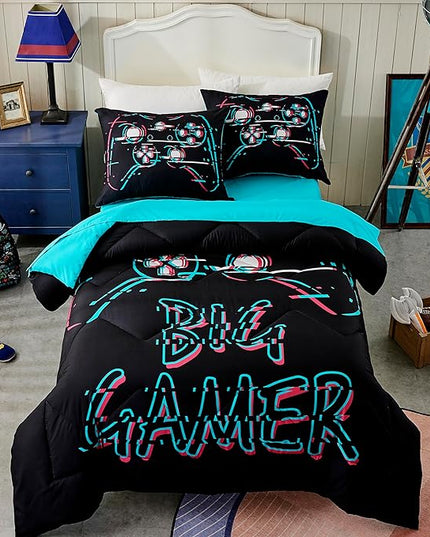 Gamer Black Twin XL Comforter Sets for Boys Kids Teen 5 Pieces Bed in a Bag Video Gaming Comforter with Sheet Sets Dorm Bedding Set - LeafyLoom