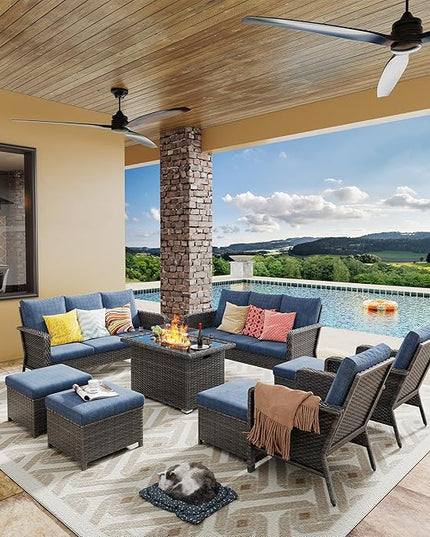 Yechen Patio Conversation Set 12 Seats with 44" Propane Gas Fire Pit Table - 9 Pcs Outdoor Wicker Furniture Set with Lid & Wind Shields - Sectional Sofa Set for Porch,Backyard - LeafyLoom