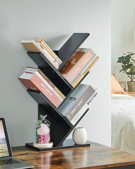 Hoctieon 4 Tier Tree Bookshelf, 4 Shelf Bookcase, Free Standing Tree Bookcase, Display Floor Standing Shelf for Books, Book Organizer Shelves for Home Office, Living Room, Bedroom, Black - LeafyLoom