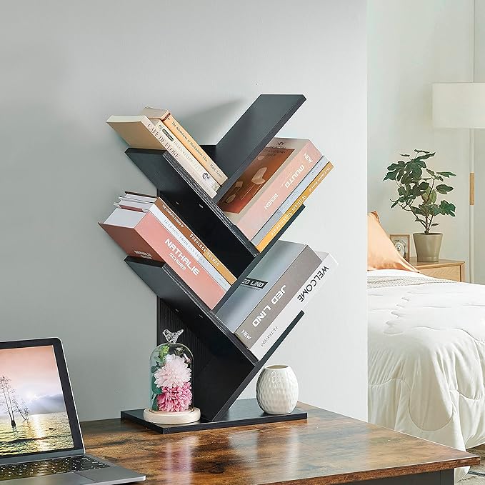 Hoctieon 4 Tier Tree Bookshelf, 4 Shelf Bookcase, Free Standing Tree Bookcase, Display Floor Standing Shelf for Books, Book Organizer Shelves for Home Office, Living Room, Bedroom, Black - LeafyLoom