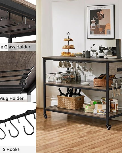 Yaheetech Kitchen Cart with Power Outlet, Rolling Kitchen Island on Wheels with Glass Holder & Hooks, Utility Trolley Cart Coffee Bar Microwave Stand Cart with Lockable Casters, Taupe Wood - LeafyLoom