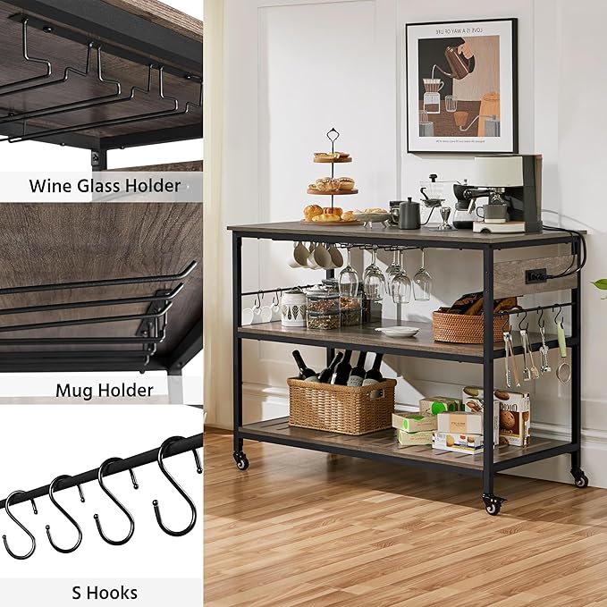 Yaheetech Kitchen Cart with Power Outlet, Rolling Kitchen Island on Wheels with Glass Holder & Hooks, Utility Trolley Cart Coffee Bar Microwave Stand Cart with Lockable Casters, Taupe Wood - LeafyLoom