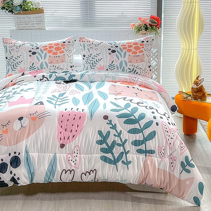 CVHOUSE Cat Bedding,Cartoon Cat Comforter Queen,Animals Print Comforter Set for Kids,Kawaii Quilt Set with 1 Comforter and 2 Pillow Cases - LeafyLoom