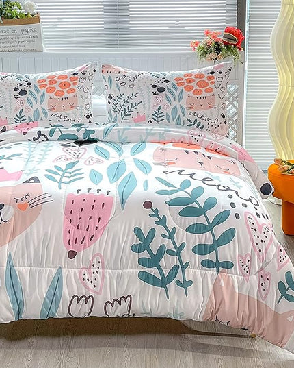 CVHOUSE Cat Bedding,Cartoon Cat Comforter King,Animals Print Comforter Set for Kids,Kawaii Quilt Set with 1 Comforter and 2 Pillow Cases - LeafyLoom