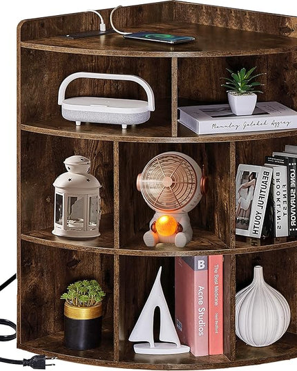 Vecelo Corner Cabinet with Charging Station, 3-Tier Cube Storage Organizer with USB Ports and Outlets, Triangle Bookcases with 8 Cubbies for Playroom, Bedroom, Living Room, Brown - LeafyLoom
