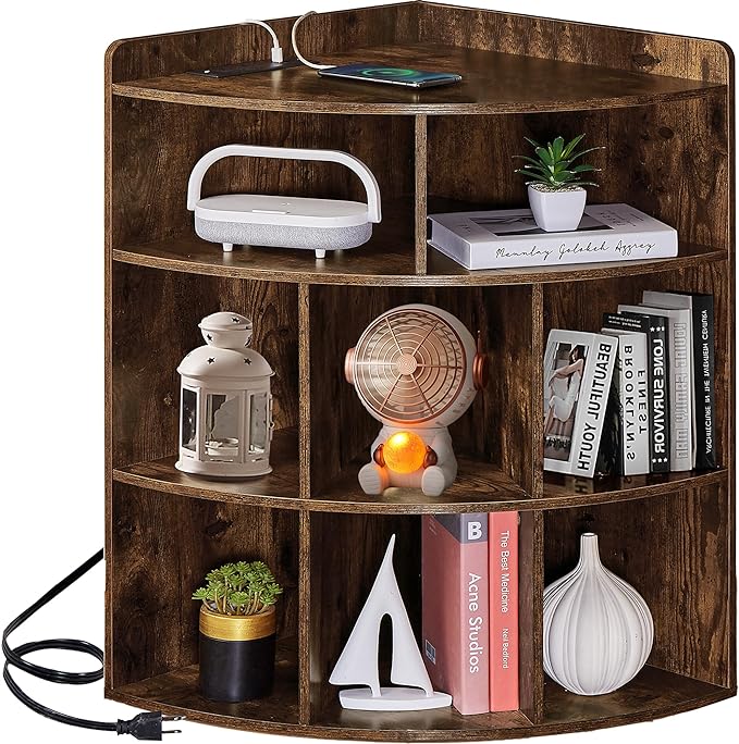 Vecelo Corner Cabinet with Charging Station, 3-Tier Cube Storage Organizer with USB Ports and Outlets, Triangle Bookcases with 8 Cubbies for Playroom, Bedroom, Living Room, Brown - LeafyLoom