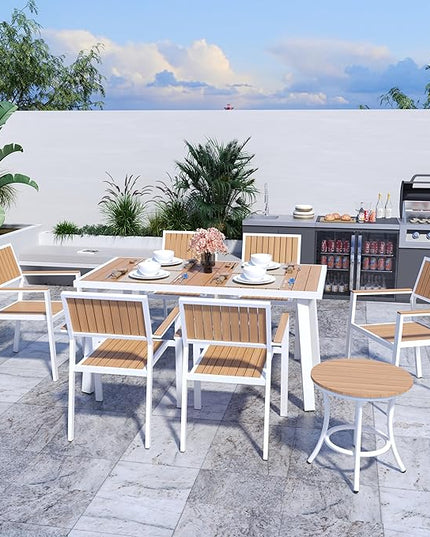 Pamapic 8-Piece Patio Dining Set，Outdoor Aluminum Furniture Set with Plastic-Wood Table Top,Outdoor Furniture Set with 6 Outdoor Stackable Chairs for Patio Garden Poolside (White) - LeafyLoom