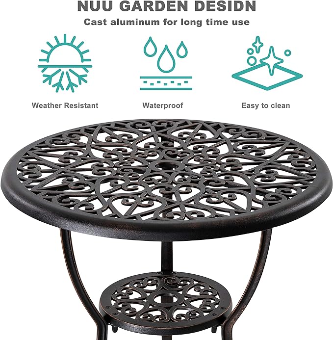 NUU GARDEN Bistro Set 3 Piece Outdoor All Weather Cast Aluminum Patio Bistro Set Patio Table and Chairs Set of 2 with Umbrella Hole for Backyard, Balcony, Front Porch, Lawn, Pool, Bronzer - LeafyLoom