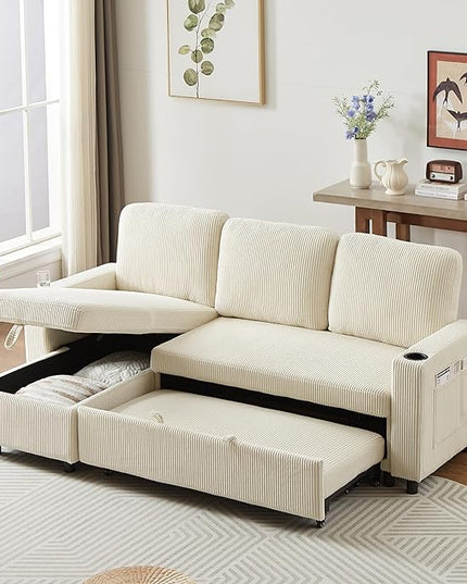 3 Seater Reversible Sleeper Sectional Sofa Bed with Storage Chaise Lounge and Cupholders, Corduroy Upholstered Convertible Sofabed Corner Couch,L Shaped Sofá for Living Room Office, Beige 78.5" - LeafyLoom
