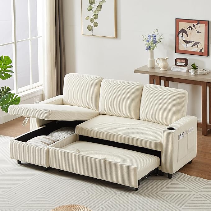 3 Seater Reversible Sleeper Sectional Sofa Bed with Storage Chaise Lounge and Cupholders, Corduroy Upholstered Convertible Sofabed Corner Couch,L Shaped Sofá for Living Room Office, Beige 78.5" - LeafyLoom
