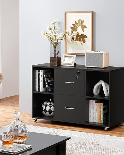 Yaheetech Black File Cabinet Large Mobile Storage Lateral Filing Cabinet with 2 Drawer and 4 Open Compartments,for Letter Size A4 Size, Printer Stand for Home Office, Black - LeafyLoom