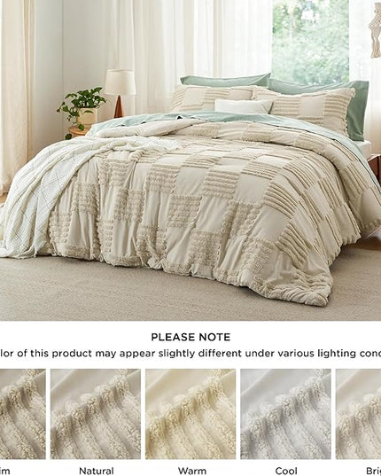 Bedsure Queen Size Comforter Set Linen, Boho Tufted Bedding Comforter Set, Grande Checkered Farmhouse Shabby Chic Bed Set, 3 Pieces, 1 Plaid Geometric Comforter and 2 Pillow Shams - LeafyLoom