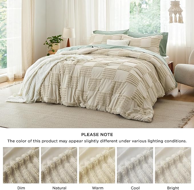 Bedsure Queen Size Comforter Set Linen, Boho Tufted Bedding Comforter Set, Grande Checkered Farmhouse Shabby Chic Bed Set, 3 Pieces, 1 Plaid Geometric Comforter and 2 Pillow Shams - LeafyLoom