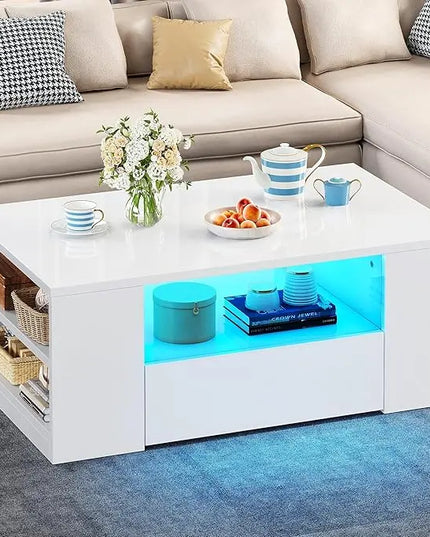 YITAHOME Modern Coffee Tables for Living Room, High Gloss LED Coffee Table, Storage Coffee Table, Small Coffee Table, Wood Center Table with 2 Sliding Drawers and Open Side Shelf,White - LeafyLoom