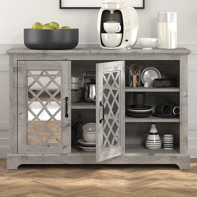 Galano Millicent 2 Door Sideboard with Shelves, Farmhouse Buffet Cabinet, Rustic Storage Cabinet, Coffee Bar for Dining Room, Kitchen, Hallway and Living Room, Mexican Grey - LeafyLoom