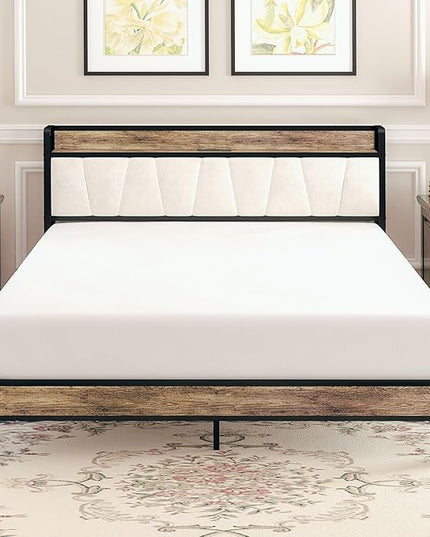 LIKIMIO Full Size Bed Frame, Storage Headboard with Charging Station, Solid and Stable, Noise Free, No Box Spring Needed, Easy Assembly (Walnut and Beige) - LeafyLoom