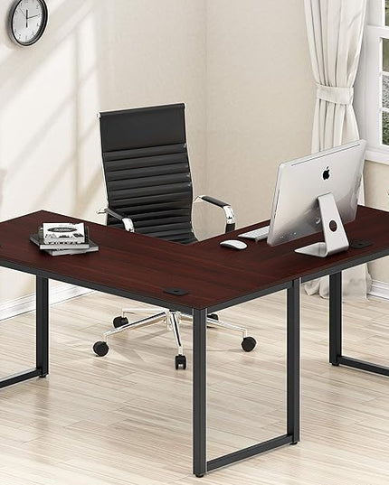 SHW Home Office 55"x60" Large L Shaped Corner Desk, 24" Deep, Cherry - LeafyLoom