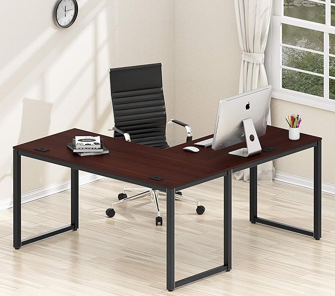 SHW Home Office 55"x60" Large L Shaped Corner Desk, 24" Deep, Cherry - LeafyLoom
