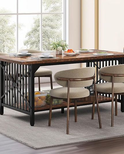 DWVO 70.8" Large Kitchen Dining Table for 6-8 People, Farmhouse Industrial Kitchen Table with Storage, Rectangle Apartment Dinning Room Dinette Tables for Eating Dinner, Rustic Brown - LeafyLoom