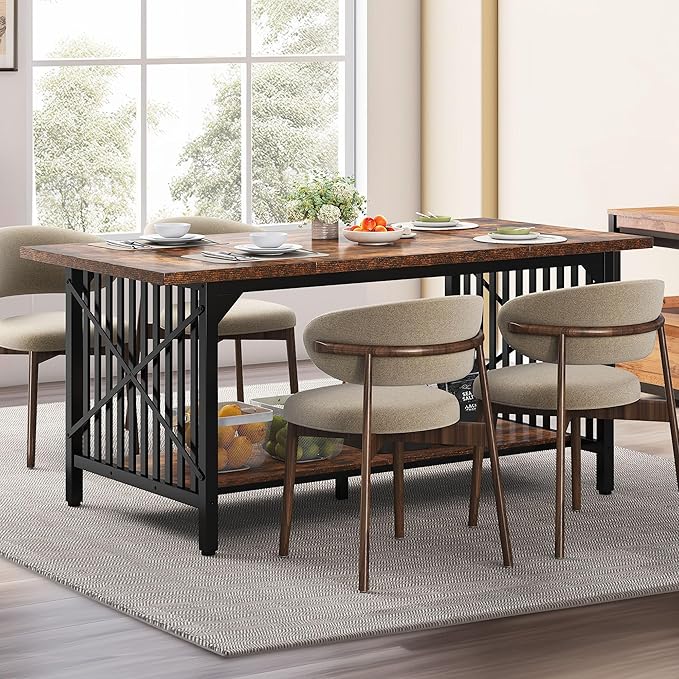 DWVO 70.8" Large Kitchen Dining Table for 6-8 People, Farmhouse Industrial Kitchen Table with Storage, Rectangle Apartment Dinning Room Dinette Tables for Eating Dinner, Rustic Brown - LeafyLoom