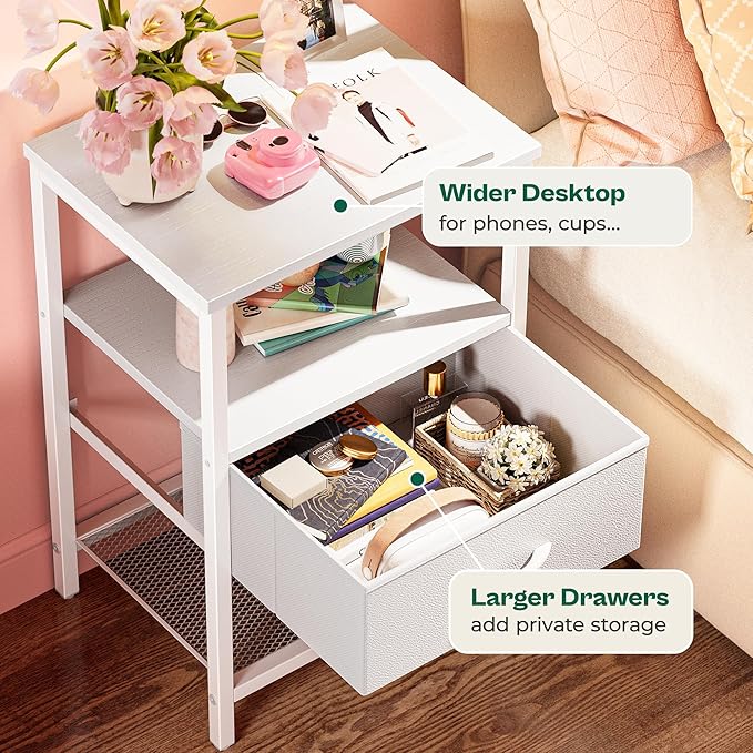 Nightstand Set of 2, Night Stand with Fabric Drawer, Mesh Shelf, Side Table with Storage, Fabric Drawer Dresser, Open Shelf, Metal Frame, Bedroom, White - LeafyLoom