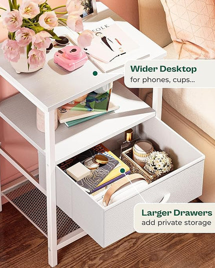 Night Stand with Fabric Drawer, Side Table with Mesh Shelf, Bedroom Nightstand, Fabric Drawer Dresser, Open Shelf, Metal Frame, Couch Side, White - LeafyLoom