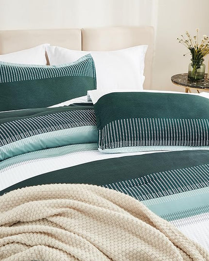 Litanika Dark Emerald Green California King Comforter Set - 3 Pieces Cal King Oversized Lightweight Summer Colorblock Stripe Bedding Set (104x96In, 2 Pillowcases) - LeafyLoom