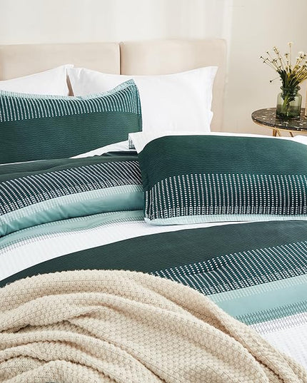 Litanika Dark Emerald Green King Bed Comforter Set, 3 Pieces Bedding Set, Colorblock Stripe Vintage Bed Set (104x90In Comforter & 2 Pillowcases) - LeafyLoom