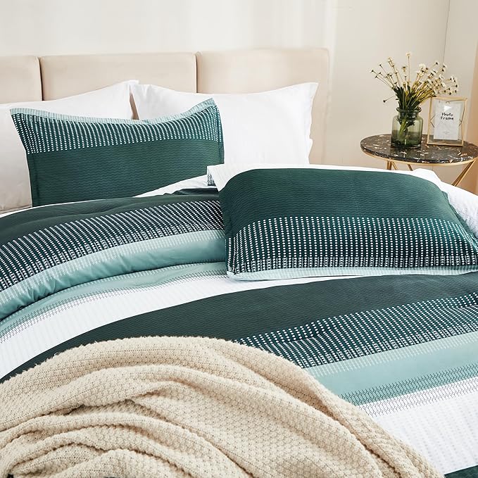 Litanika Dark Emerald Green Bed Comforter Twin/Twin XL Set, 2 Pieces Twin Extra Long Size Boys Men Forest Bedding Set, Single Colorblock Striped Bed Set - LeafyLoom