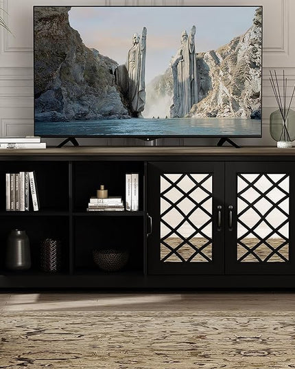 Galano Millicent TV Stand for up to 75 Inch TV, Farmhouse Entertainment Center with Mirror Doors & Storage Shelves, Rustic Media Console Cabinet for Living Room, Black Knotty Grey Oak - LeafyLoom