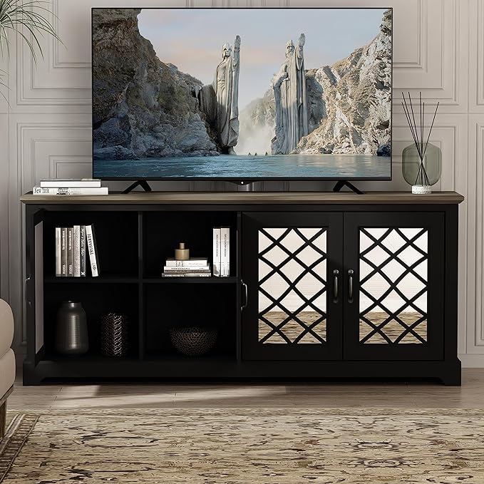 Galano Millicent TV Stand for up to 75 Inch TV, Farmhouse Entertainment Center with Mirror Doors & Storage Shelves, Rustic Media Console Cabinet for Living Room, Black Knotty Grey Oak - LeafyLoom
