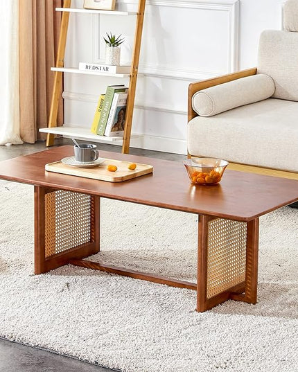 Rattan Coffee Table Rectangular Solid Wood Coffee Table with Cross Table Legs for Living Room Furniture - LeafyLoom