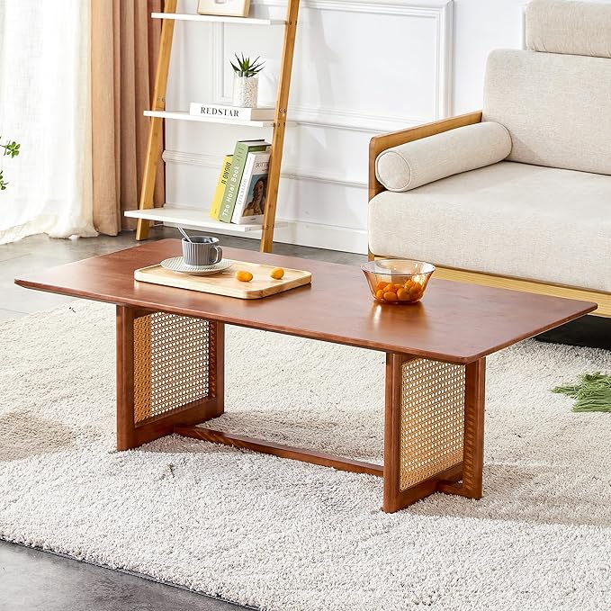 Rattan Coffee Table Rectangular Solid Wood Coffee Table with Cross Table Legs for Living Room Furniture - LeafyLoom